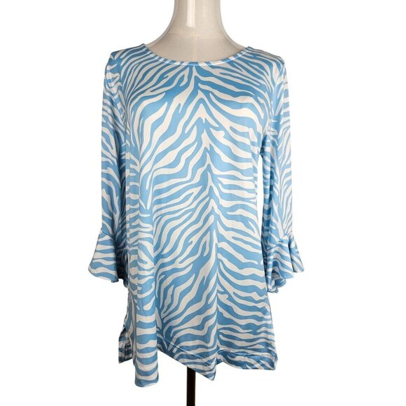 La Mer Luxe Large Top Light Blue Seaside Ruffle Zoe Zebra Animal Print Coastal - Picture 1 of 9